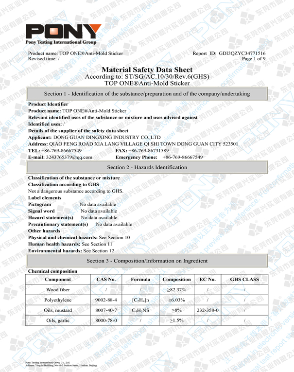 TOP ONE ANTI MOLD STICKER MSDS REPORT